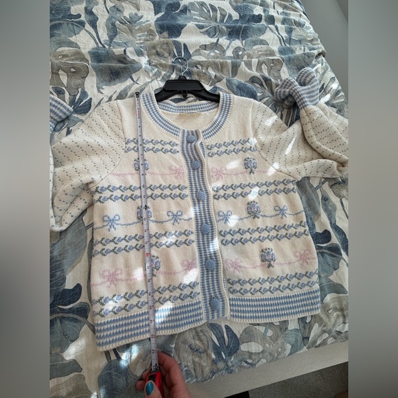 LoveShackFancy Keoni Cardigan in Blue Bells Flare Sleeved Sweater - Picture 6 of 9